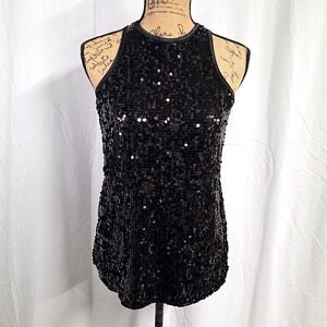 Balera Womens Sz M Sequin Tank Top Black Sleeveless Dance Party Stage Split Back